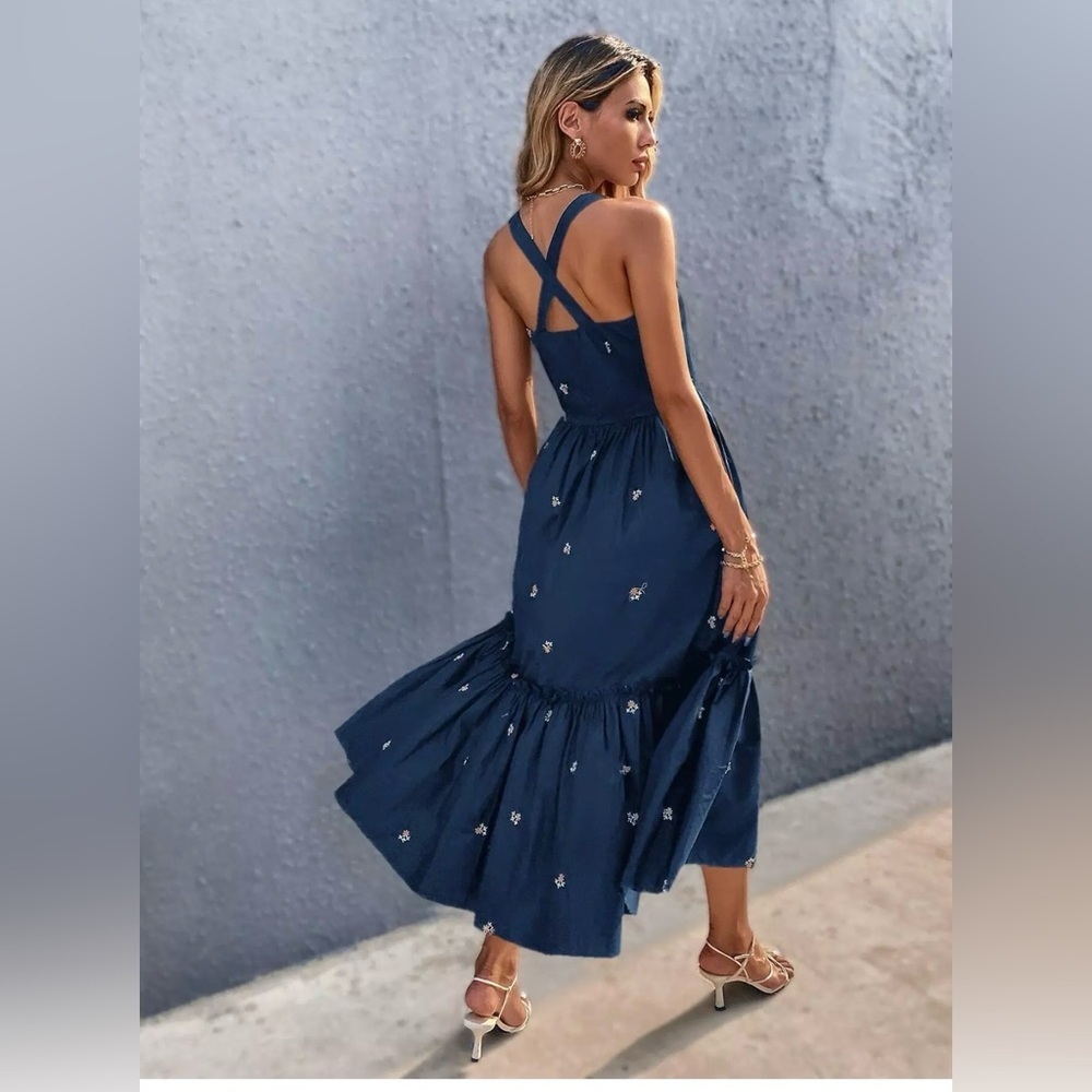 SHEIN Tiered Navy Floral Embroidered Halter Cross Back Summer Dress size XS
